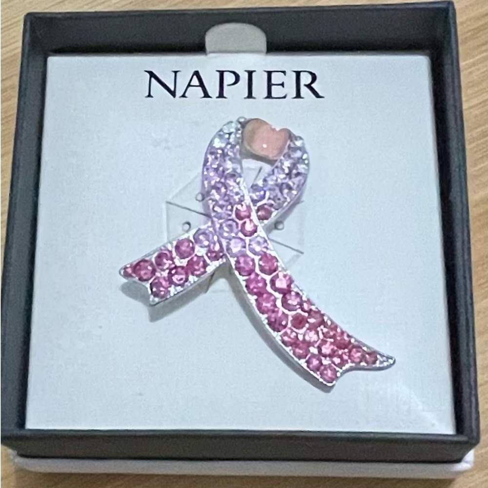 Napier Pink Purple Rhinestone Breast Cancer Awareness Ribbon Brooch Pin Boxed